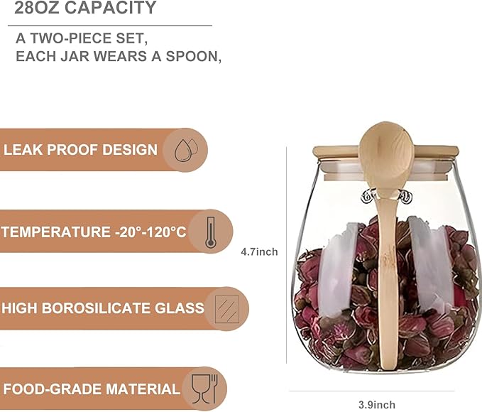 Airtight glass jar storage container with bamboo lid Set of 2, wide mouth, leak-proof, With a spoon, can be used for coffee beans, tea leaves, grains, dried fruits, etc (Middle)