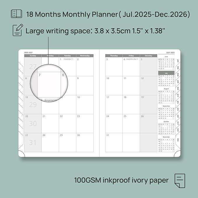 POPRUN Monthly Planner 2025-2026 (Medium- 6.5'' x 8.5'' Soft Cover), 18-Month Calendar Book (Jul.2025-Dec.2026), Calendar Planner with Monthly Tabs & Pocket, 100 GSM Paper - Pink