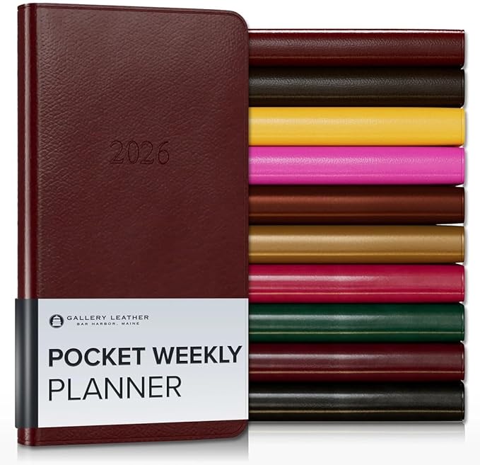 Gallery Leather Pocket Weekly Monthly Planner 2025-2026, Elegantly Bound Calendar Planner and Notebook with Stylish Gold-Gilded Page Edges, 12 Months - Tremont Garnet - 6 x 3.25 "