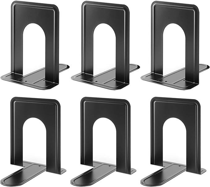 MaxGear Book Ends Universal Premium Bookends for Shelves, Non-Skid Bookend, Heavy Duty Metal Book Stopper for Books/Movies/CDs/Video Games, 6 x 4.6 x 6 in, Black, 3 Pairs/6 Pieces, Large