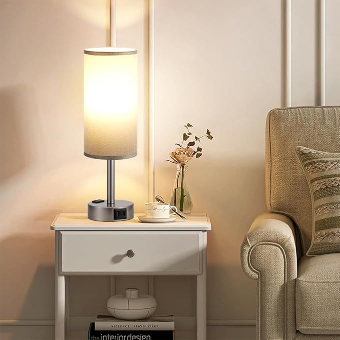 Fenmzee Grey Bedside Table Lamp for Bedroom - 3 Way Dimmable Touch Lamp USB C Charging Ports and AC Outlet, Small Lamp for Living Room, Desk, LED Bulb Included