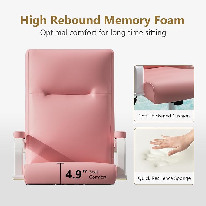 Pink Desk Chair, High Back Leather Executive Office Chair for Girl and Women, Adjustable Height Computer Desk Chairs with Wheels and Arms
