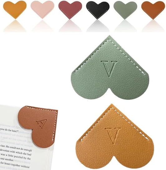 Personalized Leather Heart Bookmark, 26 Letters Customized Corner Book Mark for Reading Women, Book Marker with Initials，Cute Gifts (Green+Light Brown, V)