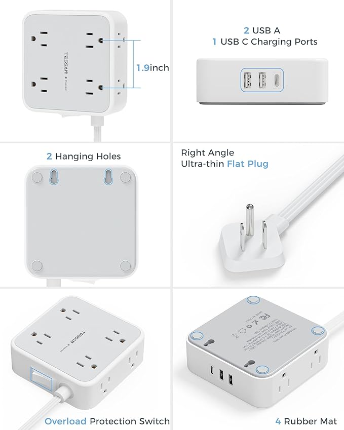 Surge Protector Power Strip 15 Ft Cord, TESSAN 8 Widely Spaced Outlets, 3 USB Charger(1 USB C Port), Ultra Thin Flat Plug Extension Cord 15 Feet, 900J Surge Protection for Home, Dorm Room Essentials
