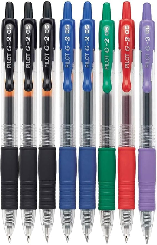 G2 Retractable Premium Gel Ink Roller Ball Pens Extra Fine Point (.5mm) Black/Blue/Red/Green/Purple Ink 8 pack; Refillable & Premium Comfort Grip Bundle with Plastic Reusable Pouch