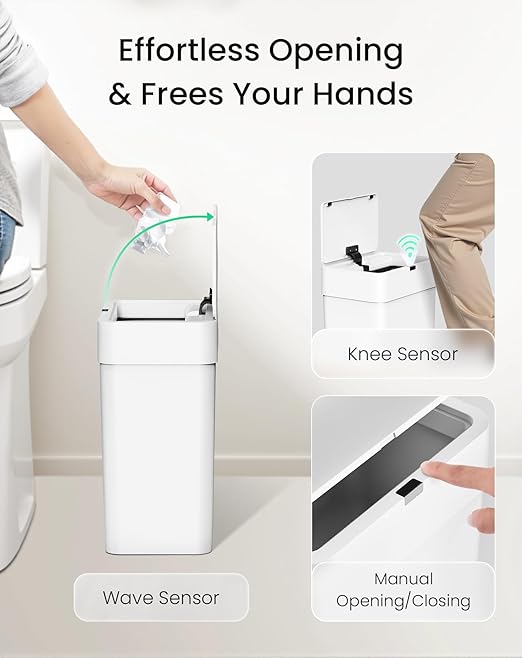 Cesun Bathroom Trash Can with Lid, 4 Gallon Motion Sensor Garbage Can Automatic Touchless Trash Cans, Slim Plastic Smart Waste Basket for Bedroom, Office, Living Room, White