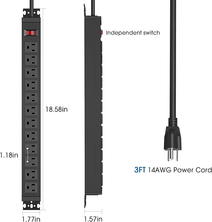 HHSOET Rotating Mountable Power Strip, 12 Outlet Wall Mount Surge Protector, Metal Heavy Duty and Versatile Outlet Strip, Stylish Appearance, Sturdy and Durable, 3ft Power Cord.(Black)