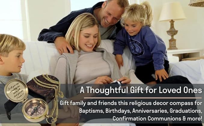 Brass Compass Engraved with Religious Scripture Verse - Ideal Gift for Son, Grandson, Daughter - Perfect for Baptism, Communion, Church and Graduation Day Present
