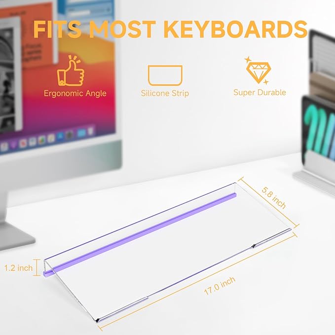 Ergonomic Computer Keyboard Stand - 17 Inch Clear Acrylic Keyboard Riser for Desk Tilted Keyboard Holder Tray with Purple Non-Slip Strip for Home Office Easy Typing & Working