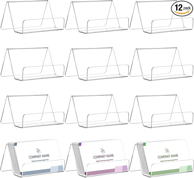 Hedume 12 Pack Business Card Holder for Desk, Office Acrylic Business Card Table Top Display Holders, Clear Name Card Holder Stand, Capacity: 50 Cards