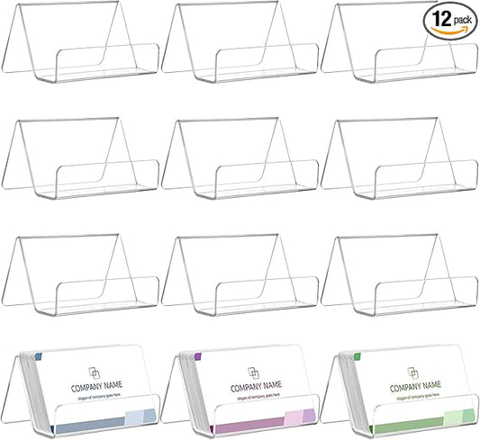 Hedume 12 Pack Business Card Holder for Desk, Office Acrylic Business Card Table Top Display Holders, Clear Name Card Holder Stand, Capacity: 50 Cards