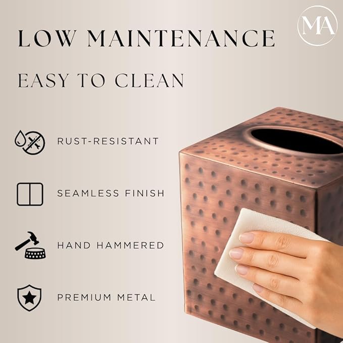 Monarch Abode Tissue Box Cover, Hand Hammered, Metal, Square Tissue Box Holder, Antique Copper Finish