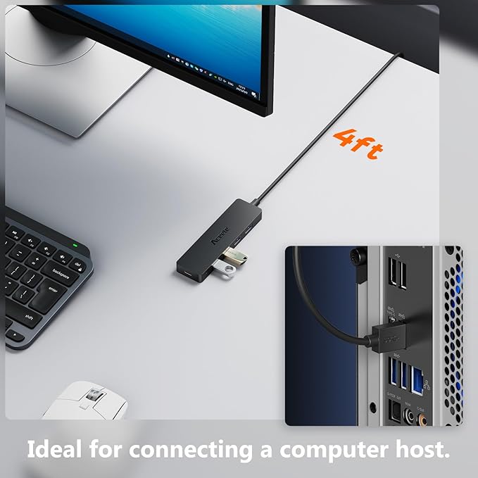 Aceele USB Hub 3.0 Splitter with 4ft Extension Long Cable Cord, 4-Port Ultra-Slim Multiport Expander with Type-C Power Port, USB Extender for Desktop, Computer, PC, Laptop, iMac, PS4 and More