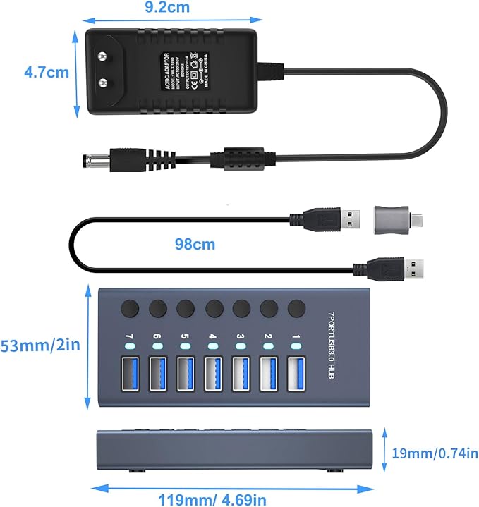 MaxLax 7 Port Aluminum USB 3.0 hub with 7 Port USB Data Transfer,36W (12V/3A) Power Adapter USB Splitter Independent Switch