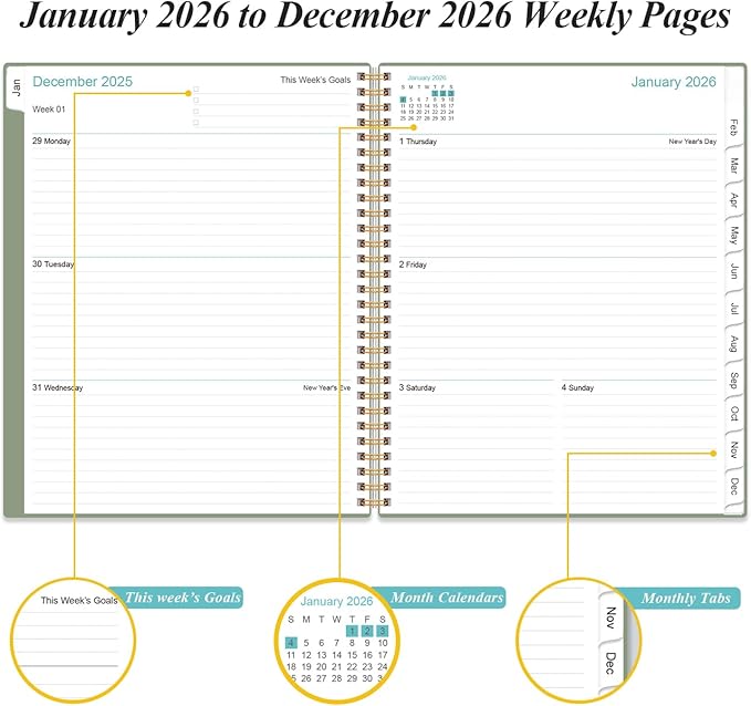 2026 Planner - Planner 2026 from January 2026 to December 2026 with 12 Monthly Tabs, Flexible Cover, Inner Pocket, 8.5" x 11", Green-B