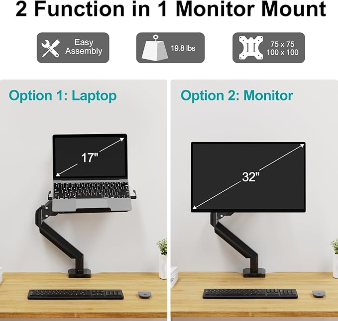 MOUNT PRO Laptop Arm Mount for Desk, 2 in 1 Function Monitor Laptop Stand, Fits Max 17" Notebook and 32" Computer Screen, Aluminum Single Monitor Holder with Adjustable Tray, Holds up to 19.8lbs