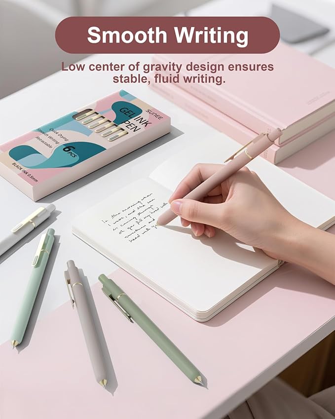 SUNEE Gel Pens, 6 Pack 0.5mm Pens Fine Point Smooth Writing Pens with Quick-Dry Black Ink, Cute Aesthetic School Office Note-Taking Pens for Journaling - Morandi