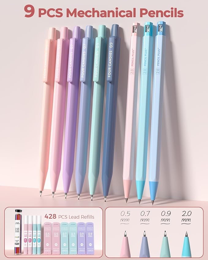 Four Candies 56 PCS Aesthetic School Supplies with Cute Pencil Case, 6 Multicolor Pen, 12 Pastel Highlighters, 5 Gel Pens Black Ink, 9 Mechanical Pencils for Student Stationary Set Preppy Stuff (Pink)