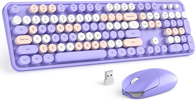 MOFII Wireless Keyboard and Mouse Combo Purple Colorful Full Size Round Key Typewriter Keyboards, 2.4G USB Keyboard Mice with 2-1 Nano Dongle for Computer Laptop PC Desktop Chromebook Smart TV