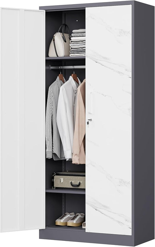 MIIIKO Wardrobe Closet with 2 Doors, 72" Metal Wardrobe Cabinet with Hanging Rod for Bedroom Laundry Room and Office, Clothes Storage Organizer Cabinets with Locking Door and Shelf