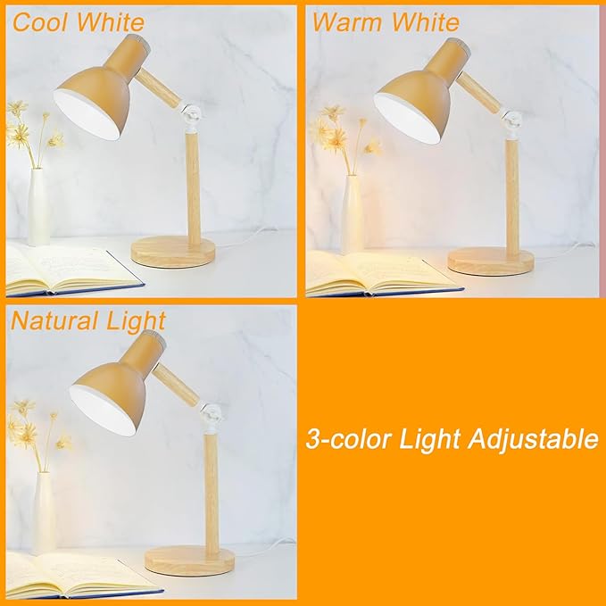 LED Desk Lamps for Home Office, 3-Color Dimmable Yellow Table Lamp for Bedroom, Wood Desk Lights for Dorm Roomb, Desktop Lighting, Tabletop