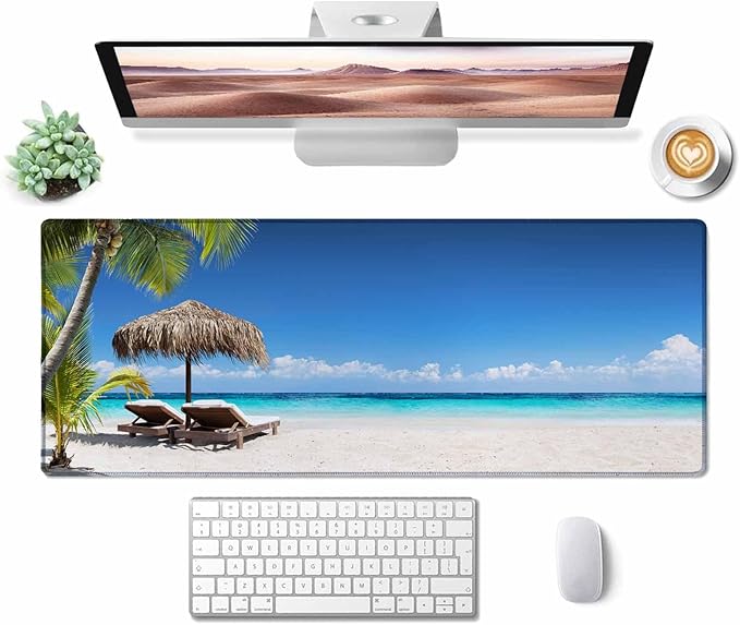 Gaming Mouse Pad, XXL Extended Computer Keyboard Long Mouse Mat, Large Desk Pad for Office Laptop, Non-Slip Rubber Base with Stitched Edge Mousepad, 31.5X11.8 inch Tropical Palm Sea and Beach