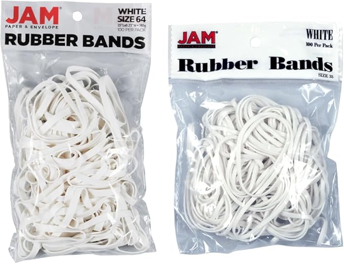 JAM PAPER Colorful Rubber Bands - Sizes 33 & 64 Set - White Multi-Purpose Rubberbands - 200/Pack