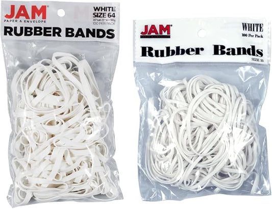 JAM PAPER Colorful Rubber Bands - Sizes 33 & 64 Set - White Multi-Purpose Rubberbands - 200/Pack
