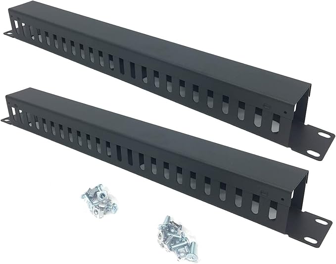 2 Pack 1U 19 Inch Cable Manager Horizontal Rack Mount 24 Slot Metal Finger Duct Wire Organizer with Cover and Mounting Screws for Server Rack, Black(24S2P)