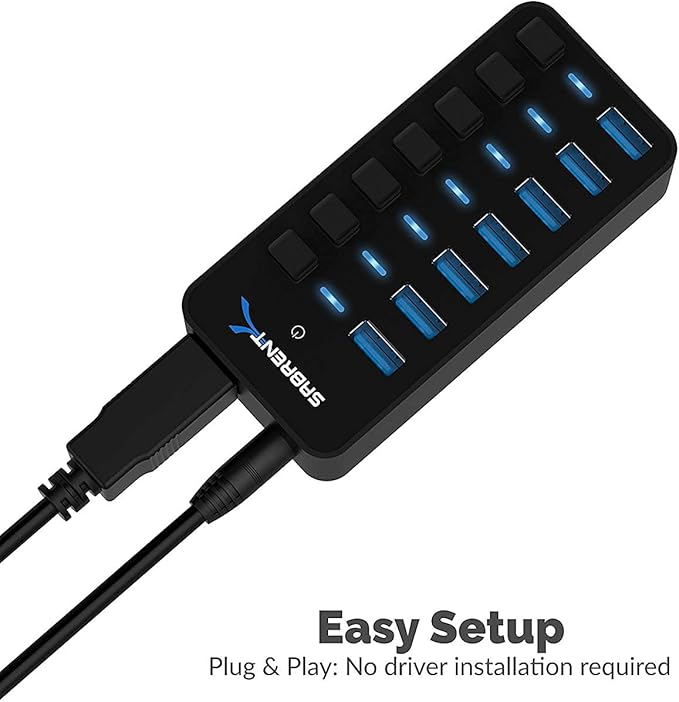 SABRENT 36W 7 Port USB 3.0 Hub with Individual Power Switches and LEDs Includes 36W 12V/3A Power Adapter (HB-BUP7)