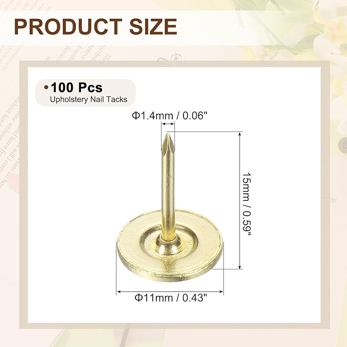 uxcell 100Pcs Upholstery Tacks, 11mmx15mm Flat Head Thumb Tack Decorative Furniture Nails Push Pins for Furniture Sofa Headboards, Gold