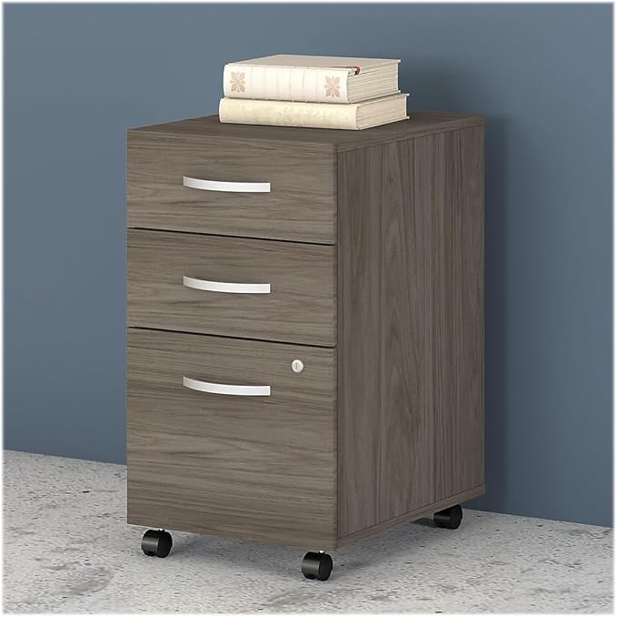 Bush Business Furniture Studio C 3 Drawer Mobile File Cabinet in Modern Hickory - Assembled, Rolling Document Storage for Home or Professional Office