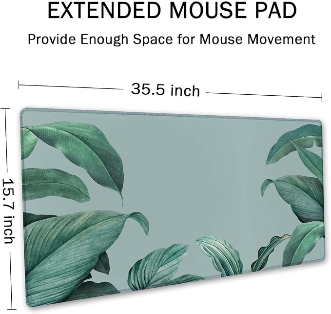 SSOIU Extended Gaming Mouse Pad - Non-Slip Water-Resistant Rubber Base Computer Keyboard Mouse Mat, 35.5 x 15.7-inch XX-Large Desk Mat, Ideal Partner for Work & Game, Foliage Tropical Leaves