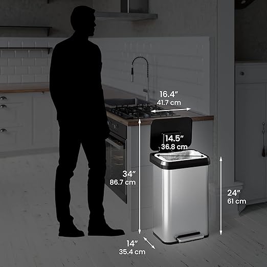 iTouchless SoftStep EXP 13.2 Gallon Step Pedal Trash Can Recycling Bin with Odor Filter Stainless Dent-Proof Plastic Lid Garbage Trashcan 50 Liter Home Office Bedroom Living Room Garage Wastebasket