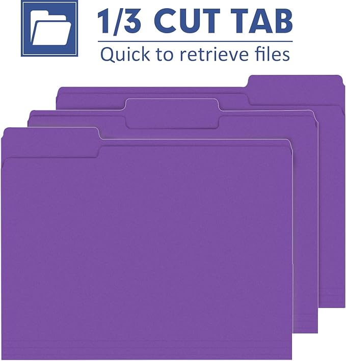 File Folder, PANDRI 120 Pack File Folder, 1/3 Cut Tab, Letter Size, Filing Folder for Office School Business, Purple