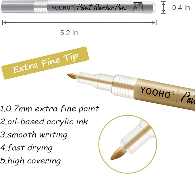 Paint Pen Gold Silver Metallic Permanent Acrylic Markers Set for Fabric Glass Rock Wooden Ceramic Leather Tire Painting, 0.7mm Extra Fine Tip (3pcs Gold+3pcs Silver)