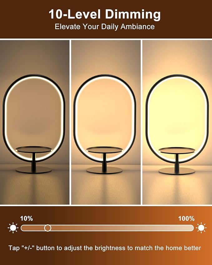 Modern LED Table Lamp with Storage Tray, Bedside Lamp with 3 Color Temperatures 10-Level Dimmable for Video Conference/Makeup/Streaming/Plants, LED Desk Lamp for Living Room Bedroom Office Decor