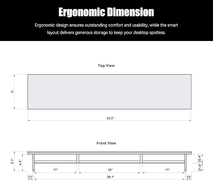 Dual‑Tier Monitor Stand for Modern Desk Setup – Minimalist Wooden and Metal Riser Shelf with Transparent Acrylic Feet for Dual Monitors, Laptops, Home Office Aesthetic，Black and White