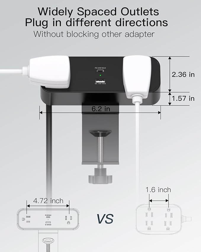 Desk Clamp Power Strip 10ft Flat Plug Extension Cord with USB C, 2 Outlets, Surge Protector USB C (PD 20W), USB A(QC 18W) Fast Charging Ports,Table Outlets for Home, Office, Black