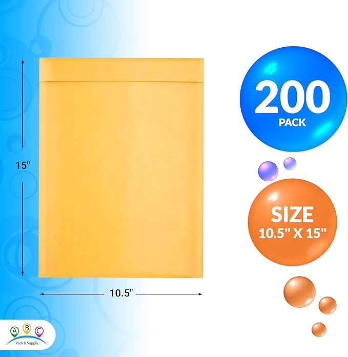 ABC PACK & SUPPLY Yellow Kraft Bubble Mailer Envelopes, 10.5 x 15 Inches. 200 Pack Mail Padded Envelopes Self Seal. Kraft Bubble Mailers. Tear-Resistant Mailing Envelope Padded. Sturdy Paper Mailer