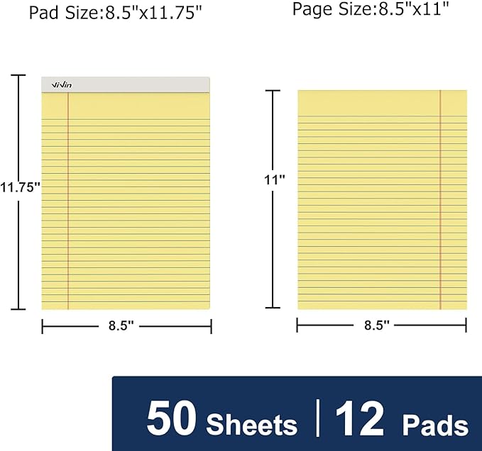 ViVin Legal Pads 8.5 x 11 Inch, Wide Ruled Note Pads, 12 Pack, 50 Sheet/Pad, Perforated Writing Pads, Notepads for Office Home School, 600 Sheets, Canary Yellow Paper