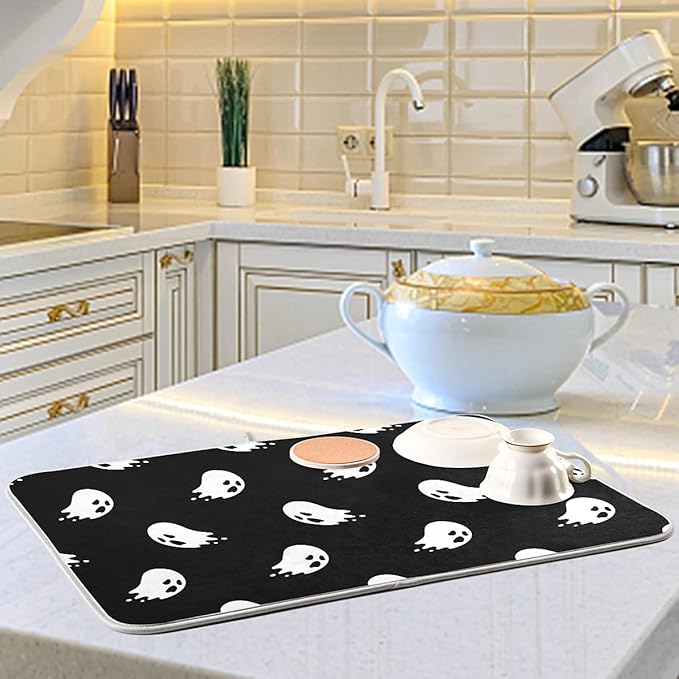 Halloween Spooky Ghost Dish Drying Mat for Kitchen Counter 18 x 24 Inch Absorbent Microfiber Dry Dishes Mats Drainer Mat Dish Drying Pad for Countertops Decor