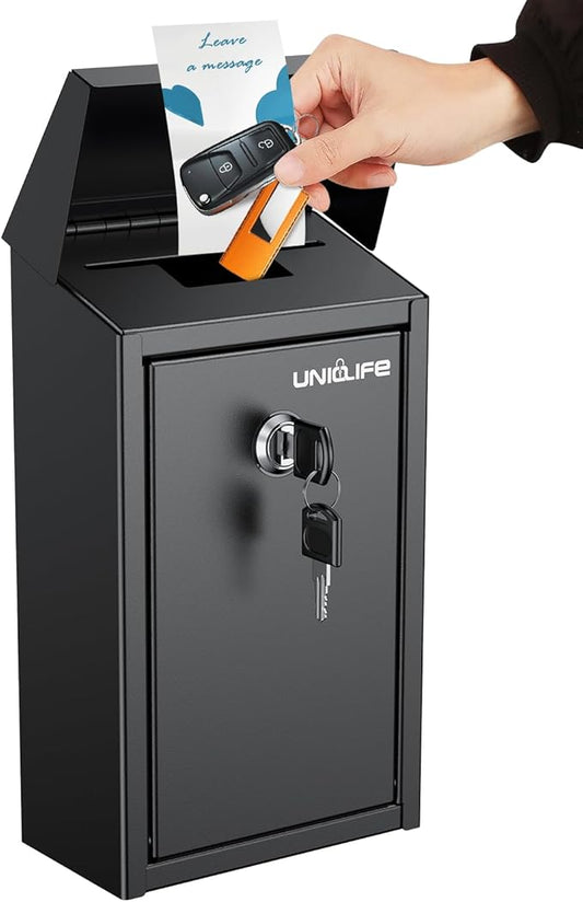 Uniclife Black Metal Donation Box Wall Mounted Mailbox with Top Slot, Collection Box with Key Lock, Safe Suggestion Box, Key Drop Box for Outside, Steel Cash Drop Box for Home Office and Business