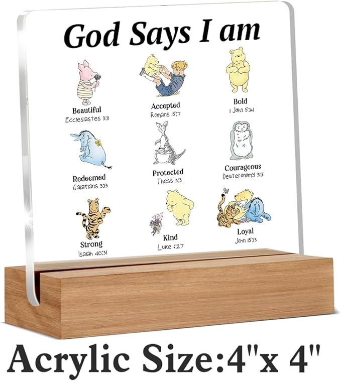 Pooh Bear Gifts for Women Christian Gifts Inspirational Gift God Says Pooh Clear Desk Decorative Sign Acrylic Sign With Wooden Stand for Office Desk Table Shelf