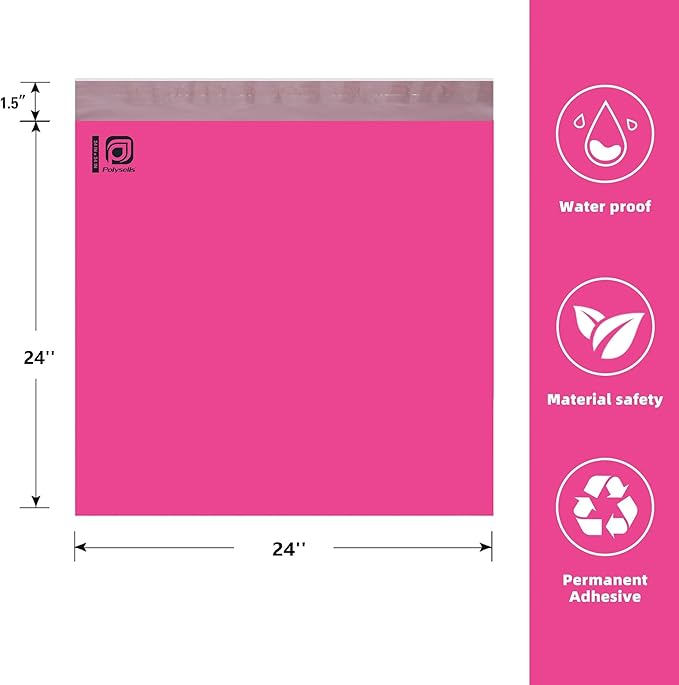 POLYSELLS 25 pcs 24x24 Inches Pink Poly Mailers Shipping Envelopes, Strong Adhesive Sealing, Waterproof, and Tear-resistant Postal Mailing Bags for Clothing, Books, and Accessories