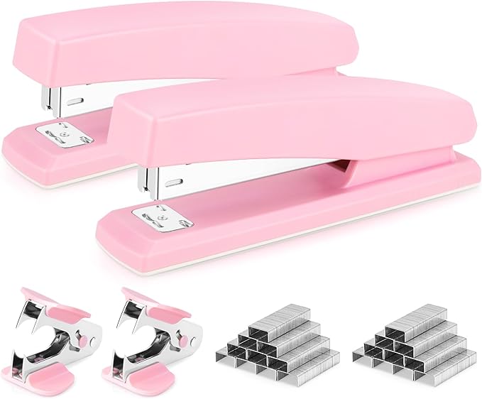 Deli Stapler, Desktop Stapler, 2 Pack, Office Staplers, 25 Sheet Capacity, Includes 2000 Staples and 2 Staple Removers, 2 Pack, Pink