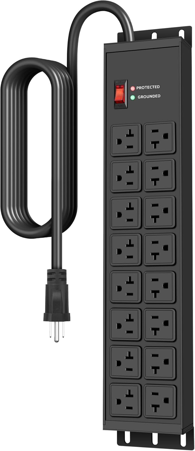 JUNNUJ Heavy Duty 20 Amp Power Strip 4800J, 16 Outlets 12 Gauge Garage Industrial Surge Protector, High Amp 5-15P Adapter Shop 6-20R T-Slot Metal Outlet, 6 FT Extension Cord Commercial for Appliance