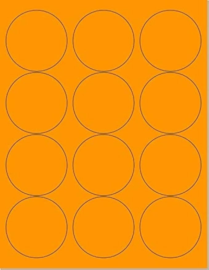 Pack of 100 Sheets, 8-1/2 x 11" Fluorescent Labels for Laser & Inkjet Printer (Orange Fluorescent, 2-1/2" Round - 12 per Page, 1200 Labels)