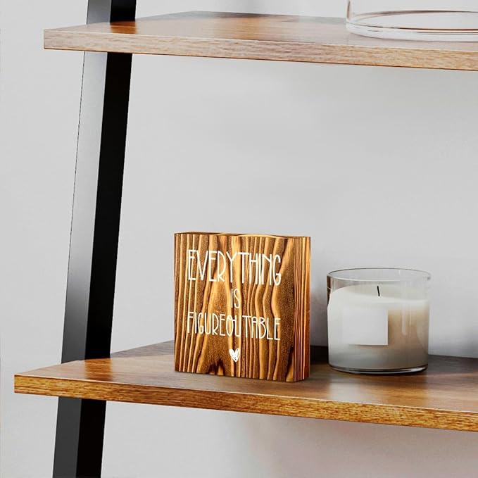 mmiishe Everything Is Figureoutable Wooden Box Sign Decorative Inspirational Farmhouse Wood Box Sign Home Office Decor Motivational Gift Rustic Square Desk Decor Sign for Shelf Burlywood