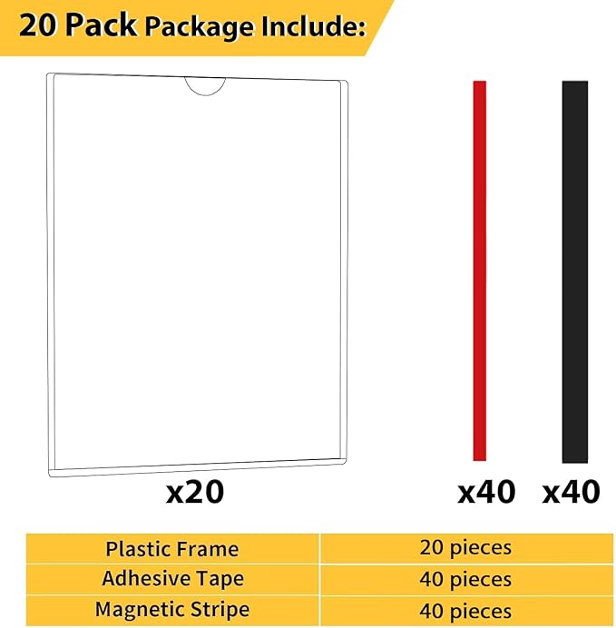 20 Pack Magnetic Sign Holder 8.5 x 11 - Wall Sign Holder Rigid Plastic Sign Holder with Magnet Strips and Adhesive Strips - Magnetic Display Frame Door Sign Holder